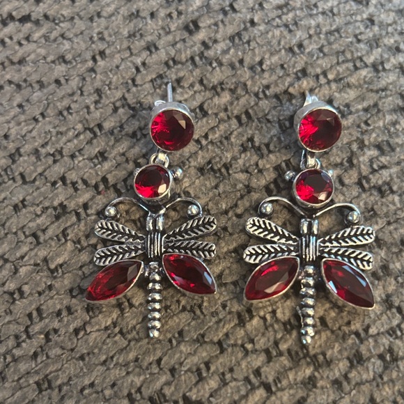 Jewelry - Red Dragonfly Dangle Earrings - Silver Tone